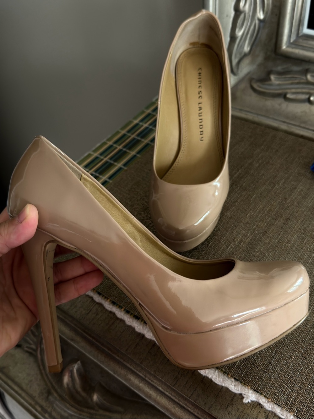 Chinese Laundry Nude Patent Platform Pumps - Glossy Neutral Heels